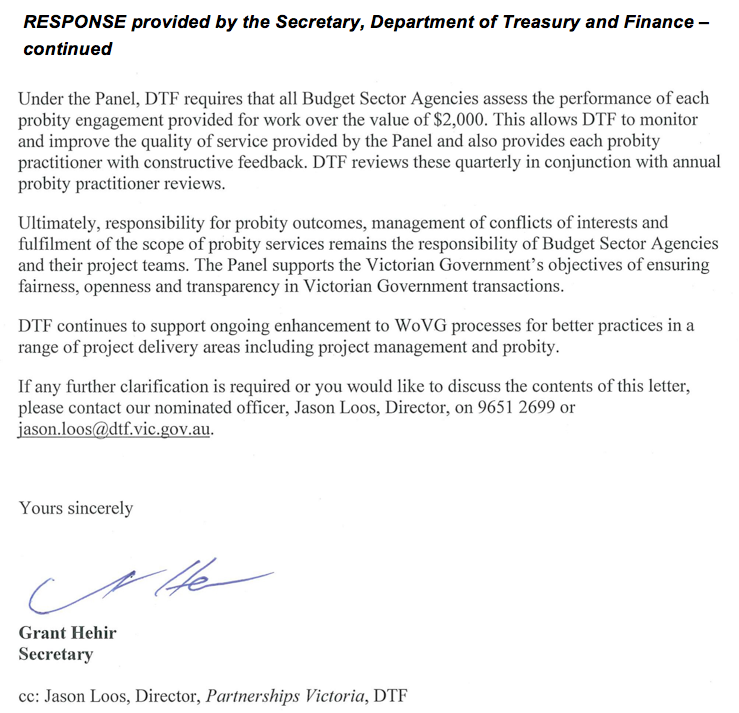 RESPONSE provided by the Secretary, Department of Treasury and Finance — continued