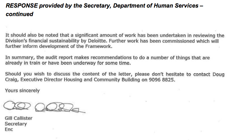 RESPONSE provided by the Secretary, Department of Human Services – continued