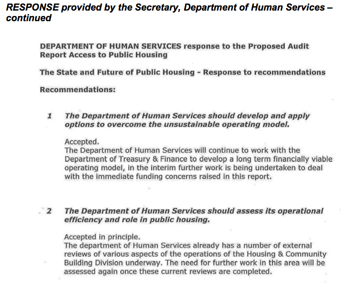 RESPONSE provided by the Secretary, Department of Human Services – continued