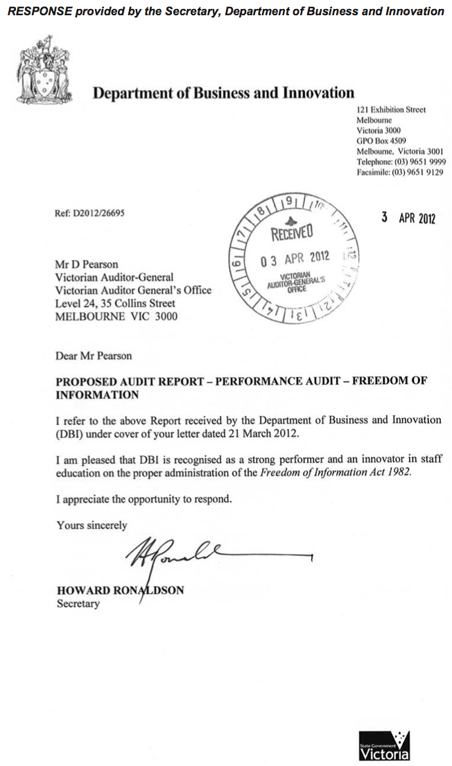 RESPONSE provided by the Secretary, Department of Business and Innovation