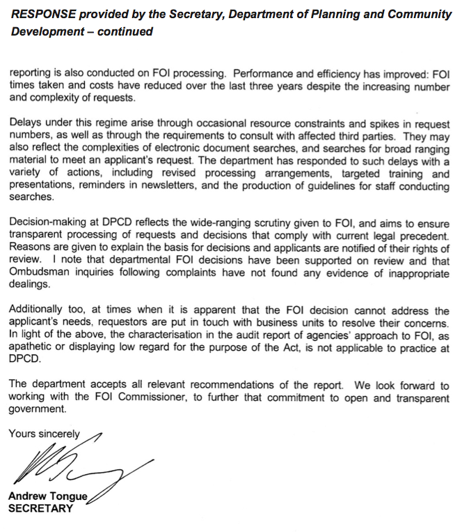 RESPONSE provided by the Secretary, Department of Planning and Community Development – continued