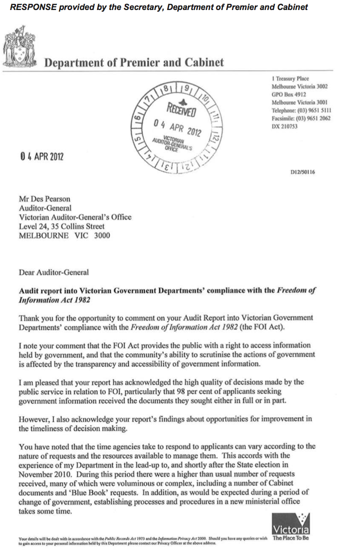 RESPONSE provided by the Secretary, Department of Premier and Cabinet