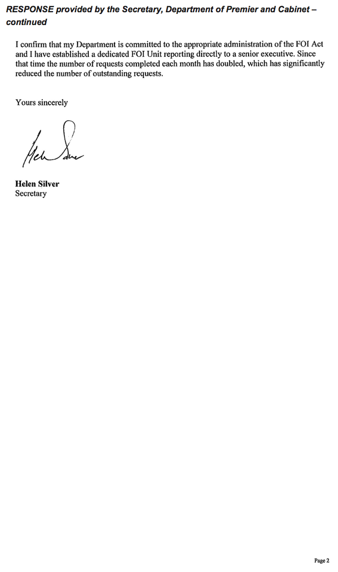 RESPONSE provided by the Secretary, Department of Premier and Cabinet – continued