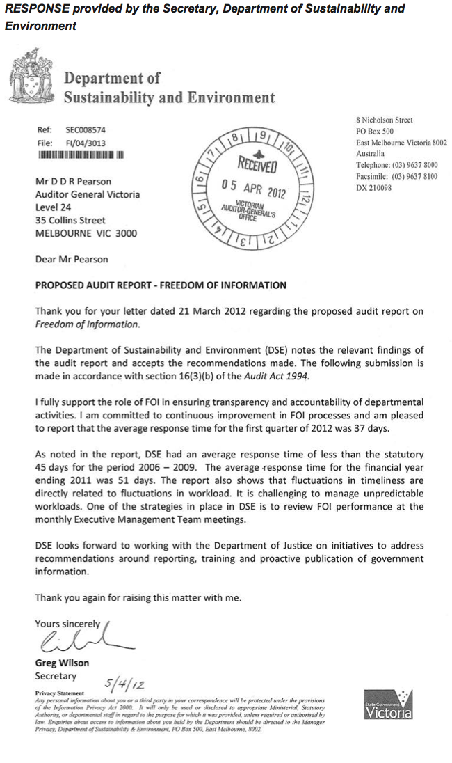 RESPONSE provided by the Secretary, Department of Sustainability and Environment