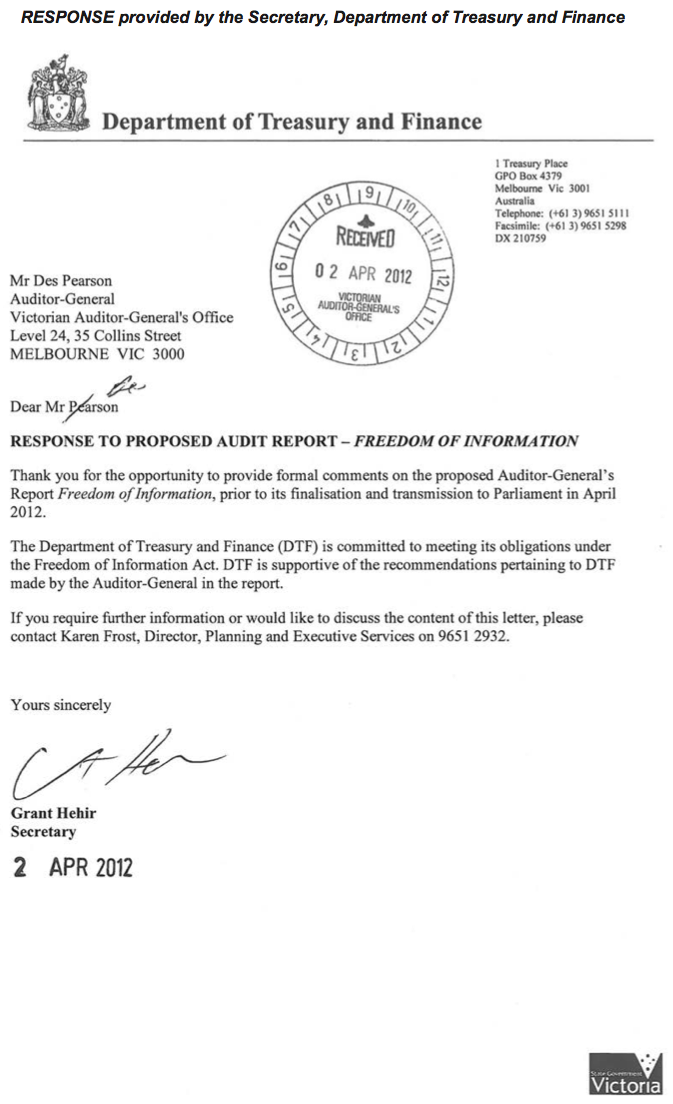 RESPONSE provided by the Secretary, Department of Treasury and Finance