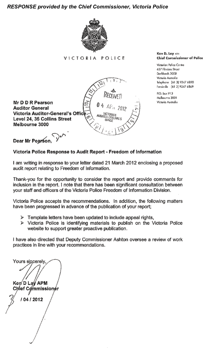 RESPONSE provided by the Chief Commissioner, Victoria Police