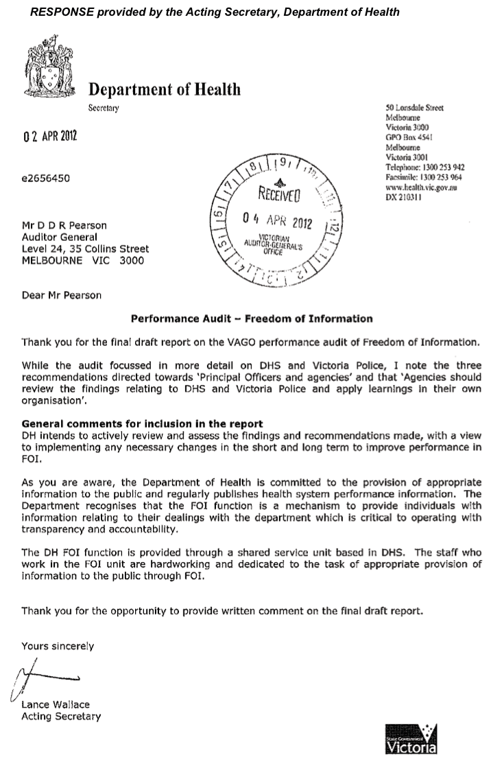 RESPONSE provided by the Acting Secretary, Department of Health