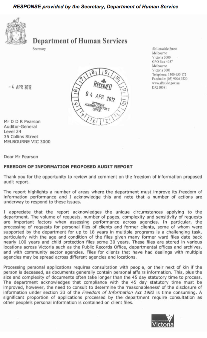 RESPONSE provided by the Secretary, Department of Human Service