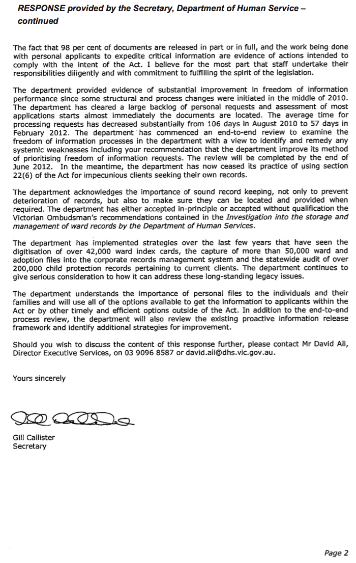 RESPONSE provided by the Secretary, Department of Human Service – continued