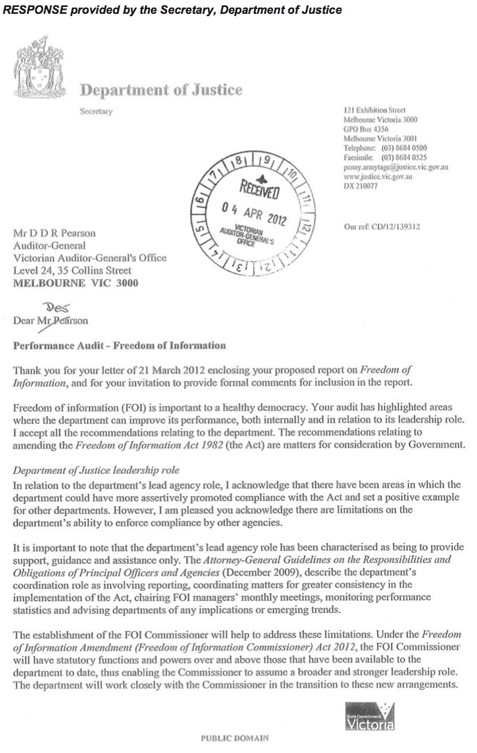 RESPONSE provided by the Secretary, Department of Justice