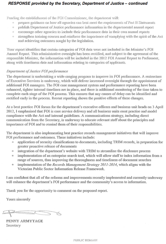 RESPONSE provided by the Secretary, Department of Justice – continued