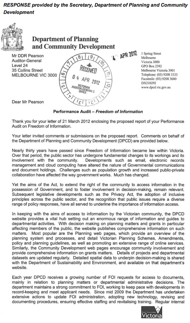 RESPONSE provided by the Secretary, Department of Planning and Community Development