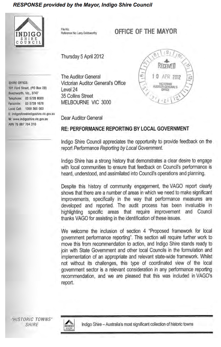 RESPONSE provided by the Mayor, Indigo Shire Council
