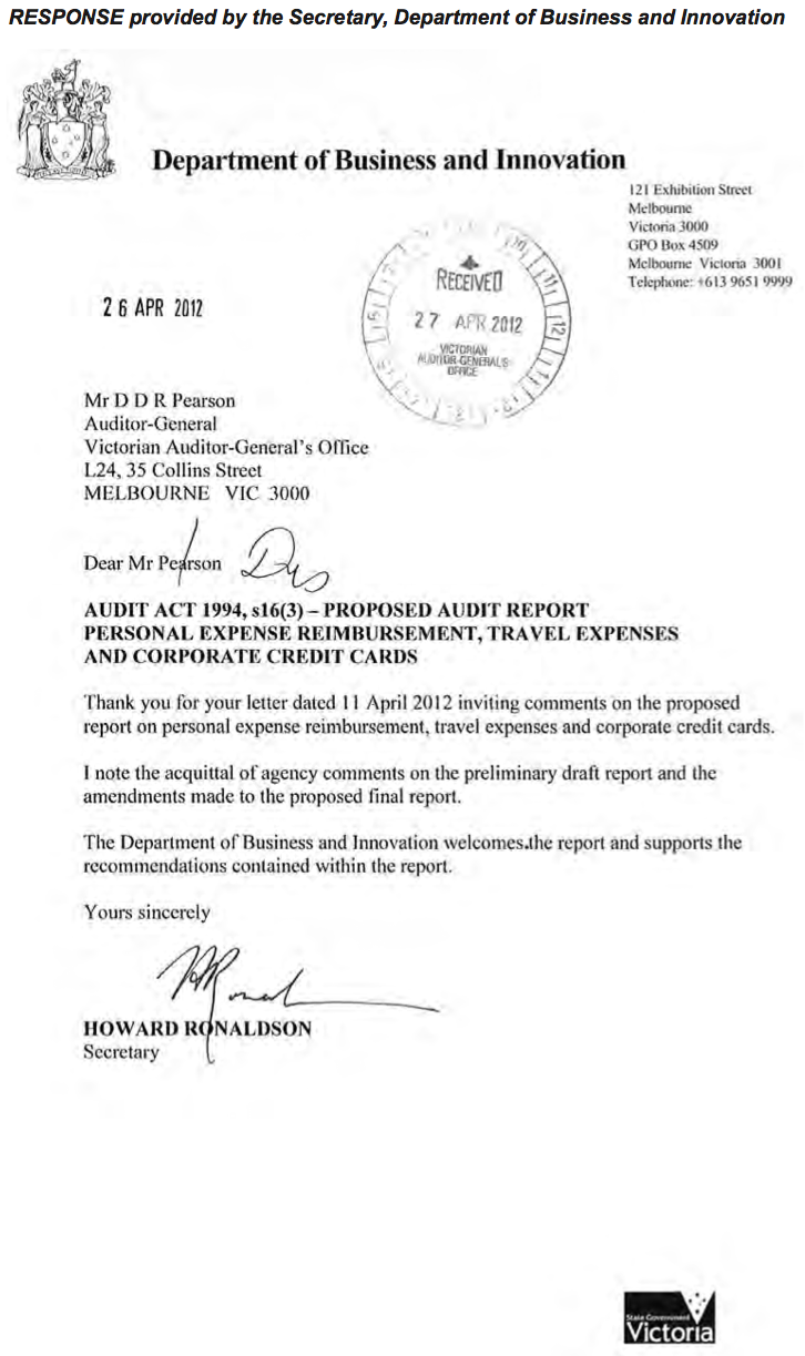 RESPONSE provided by the Secretary, Department of Business and Innovation