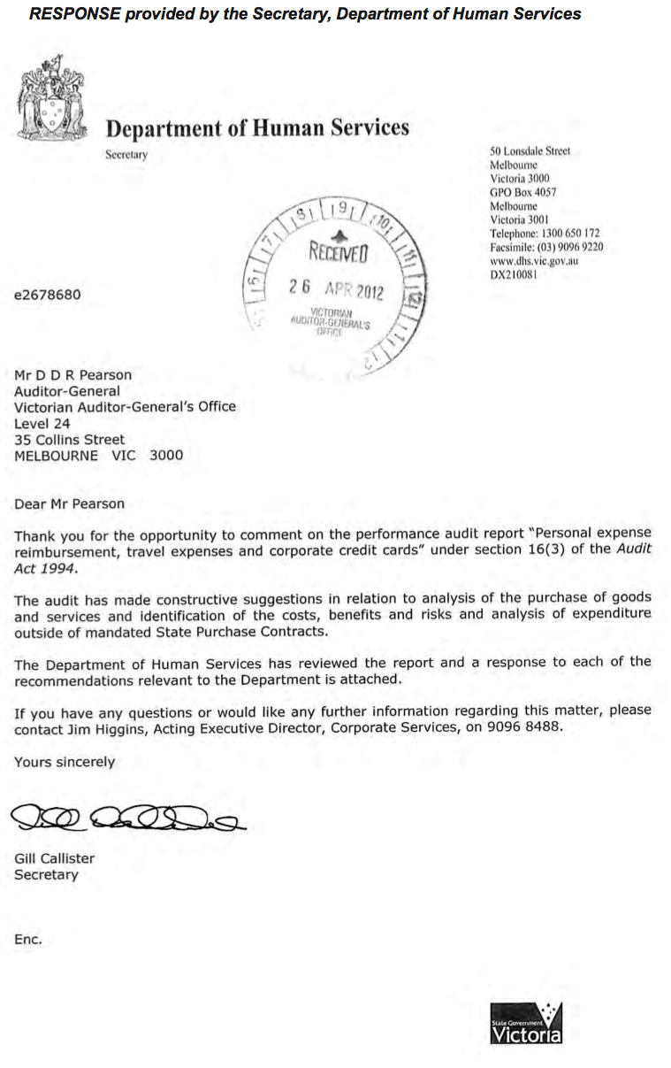 RESPONSE provided by the Secretary, Department of Human Services