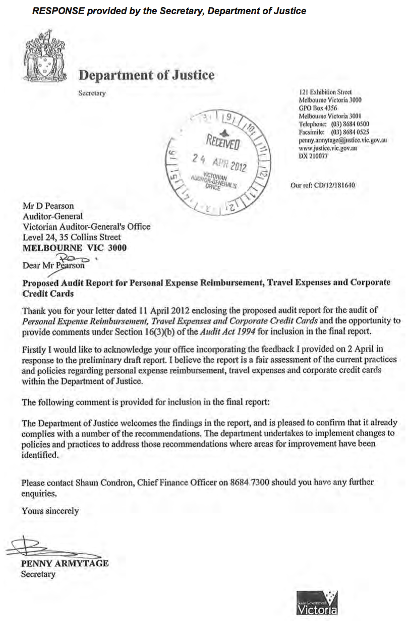 RESPONSE provided by the Secretary, Department of Justice