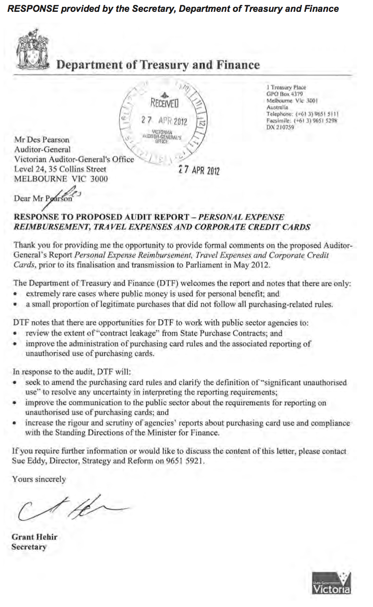 RESPONSE provided by the Secretary, Department of Treasury and Finance