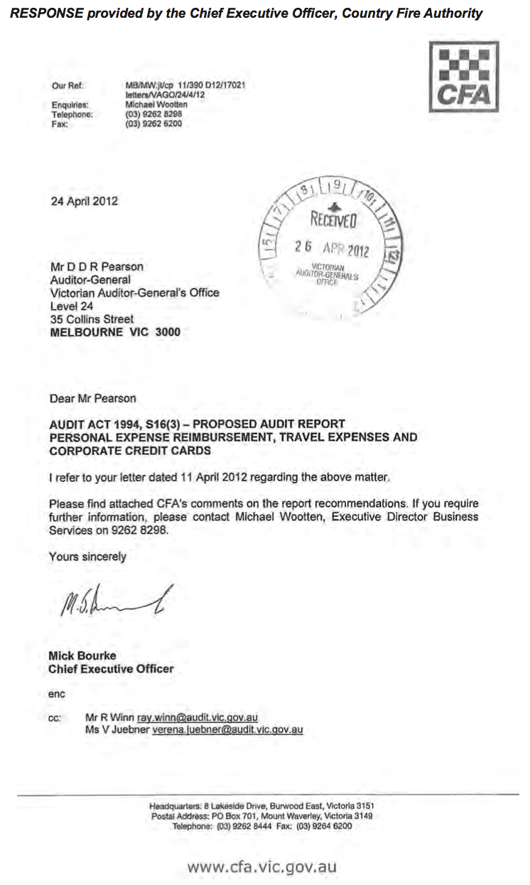 RESPONSE provided by the Chief Executive Officer, Country Fire Authority
