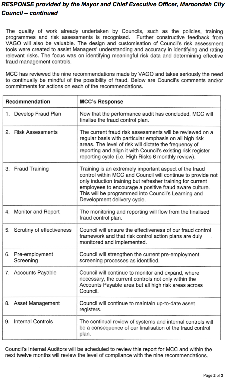 RESPONSE provided by the Mayor and Chief Executive Officer, Maroondah City Council – continued