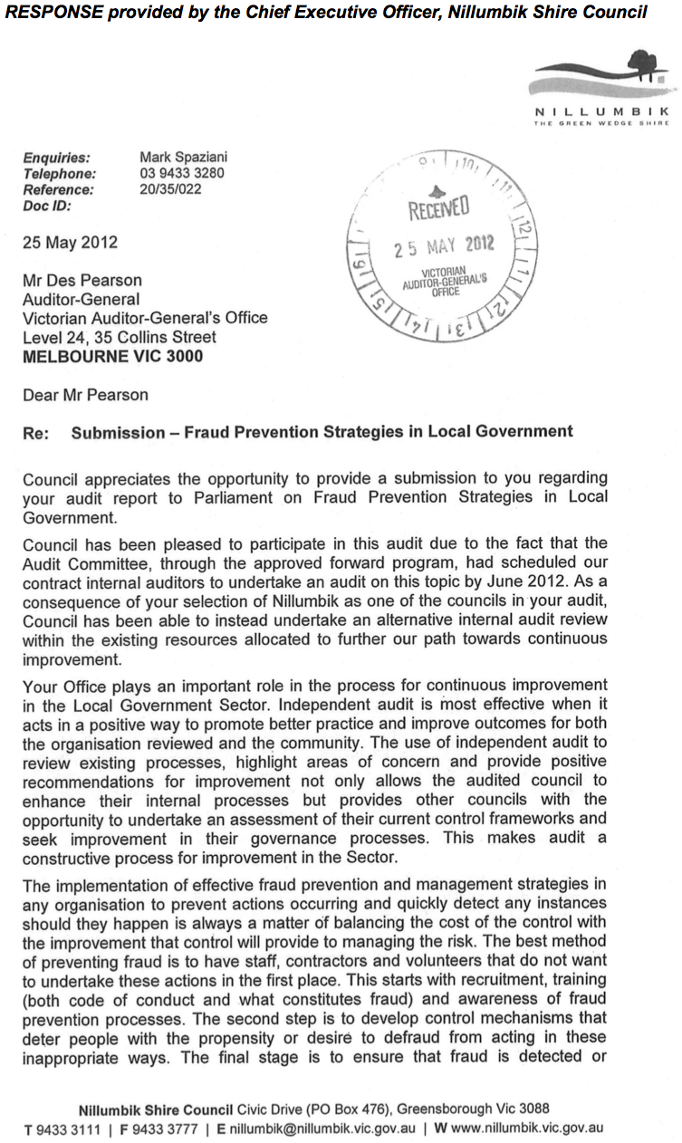 RESPONSE provided by the Chief Executive Officer, Nillumbik Shire Council 