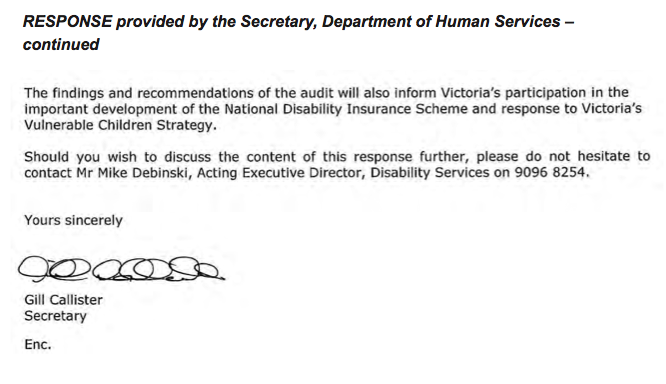 RESPONSE provided by the Secretary, Department of Human Services – continued