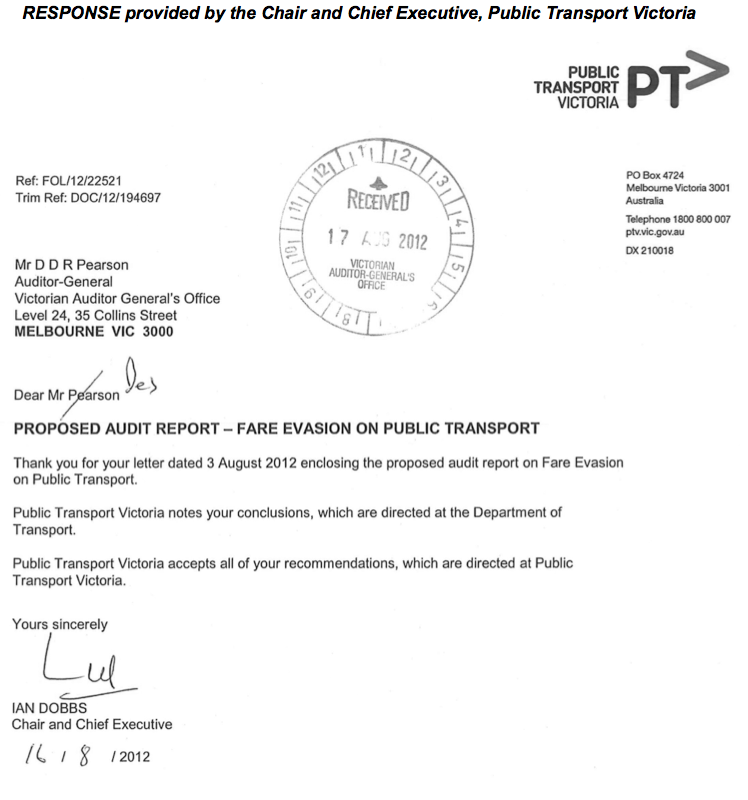 RESPONSE provided by the Chair and Chief Executive, Public Transport Victoria