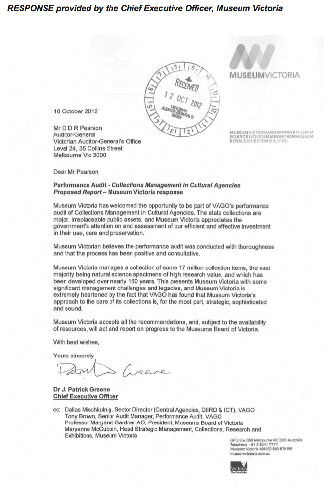 RESPONSE provided by the Chief Executive Officer, Museum Victoria