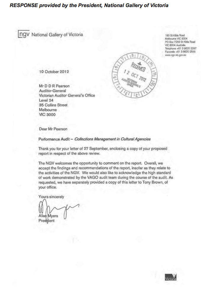 RESPONSE provided by the President, National Gallery of Victoria