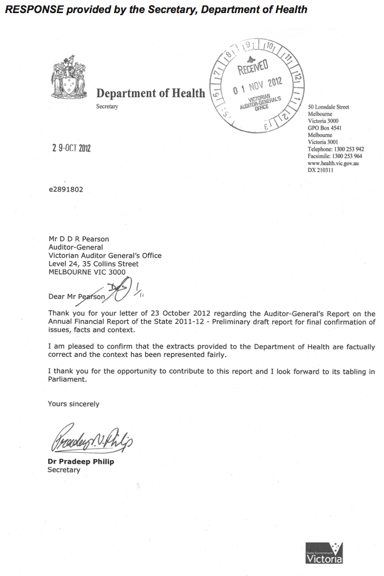 RESPONSE provided by the Secretary, Department of Health