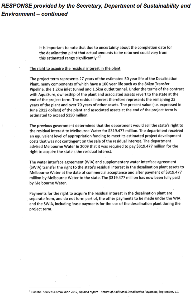 RESPONSE provided by the Secretary, Department of Sustainability and Environment – continued