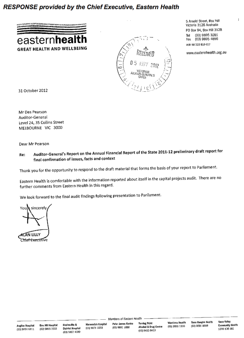 RESPONSE provided by the Chief Executive, Eastern Health