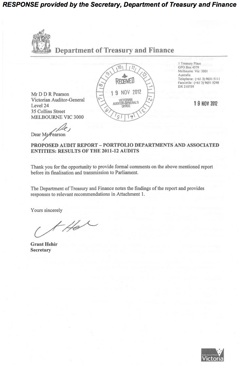 RESPONSE provided by the Secretary, Department of Treasury and Finance