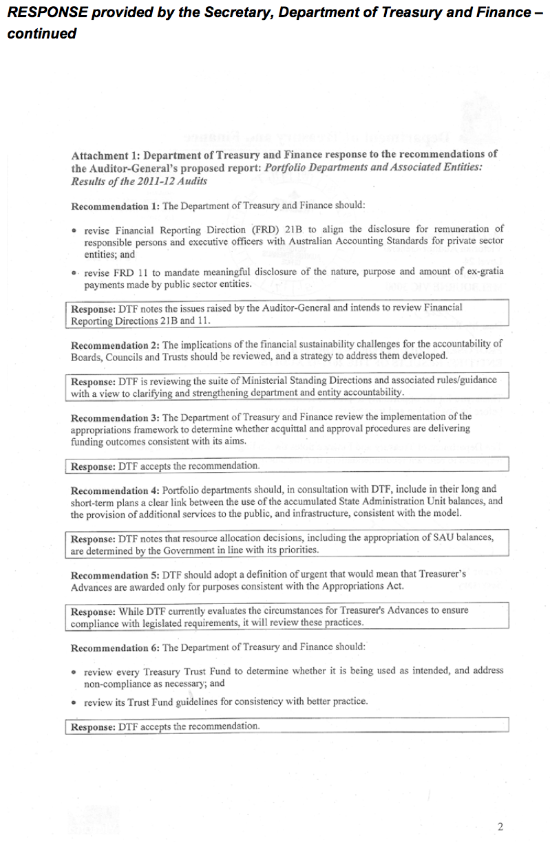 RESPONSE provided by the Secretary, Department of Treasury and Finance – continued