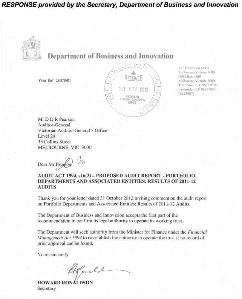 RESPONSE provided by the Secretary, Department of Business and Innovation