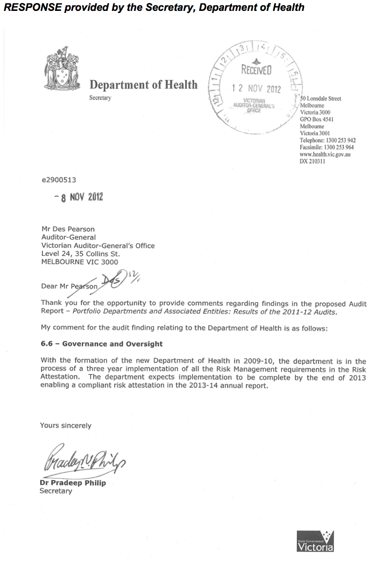 RESPONSE provided by the Secretary, Department of Health