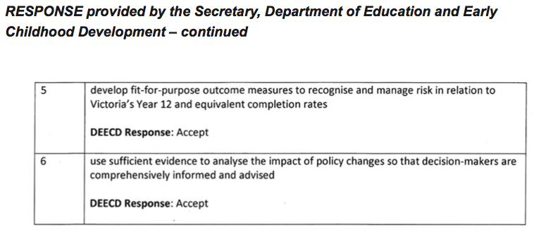 RESPONSE provided by the Secretary, Department of Education and Early Childhood Development – continued
