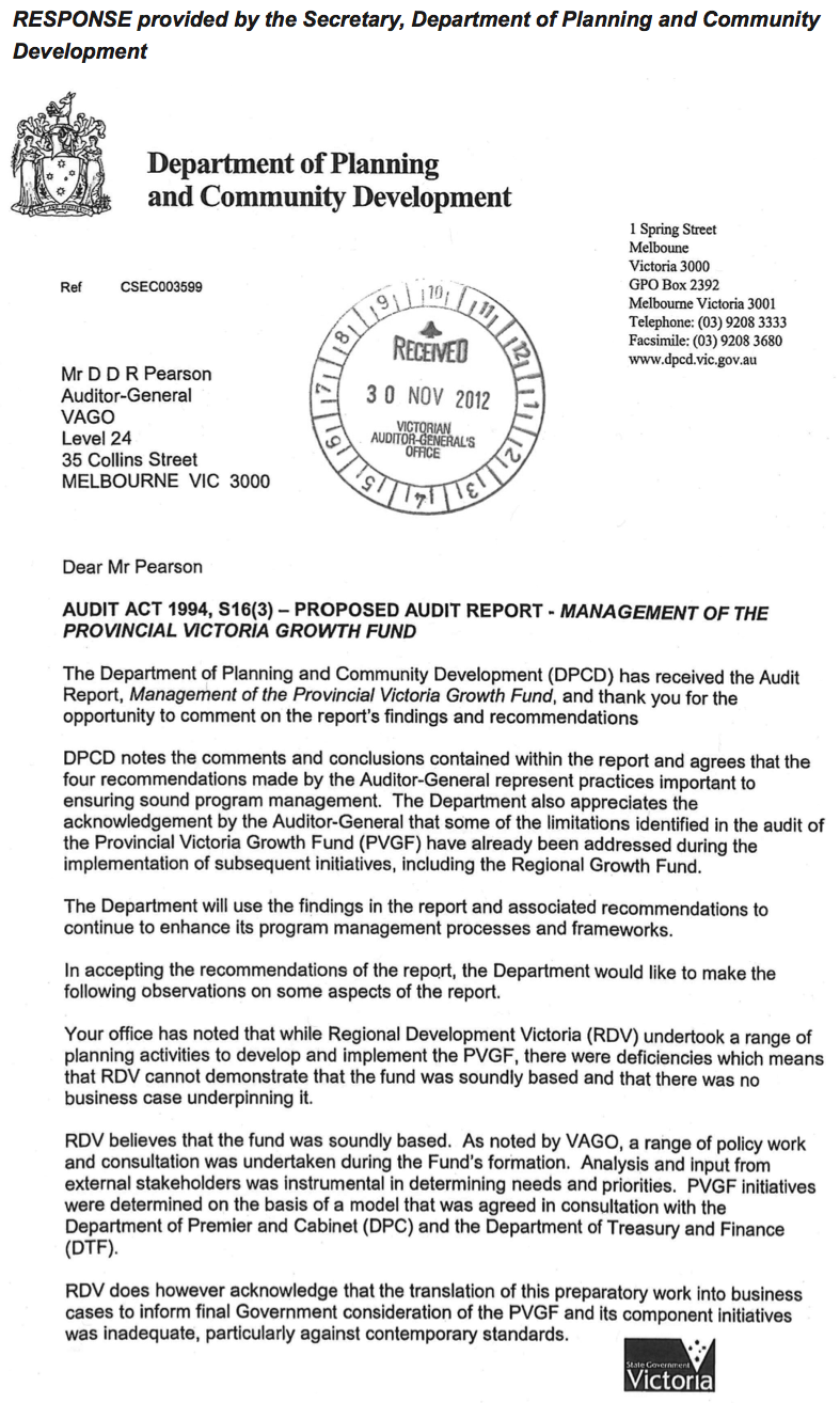 RESPONSE provided by the Secretary, Department of Planning and Community Development