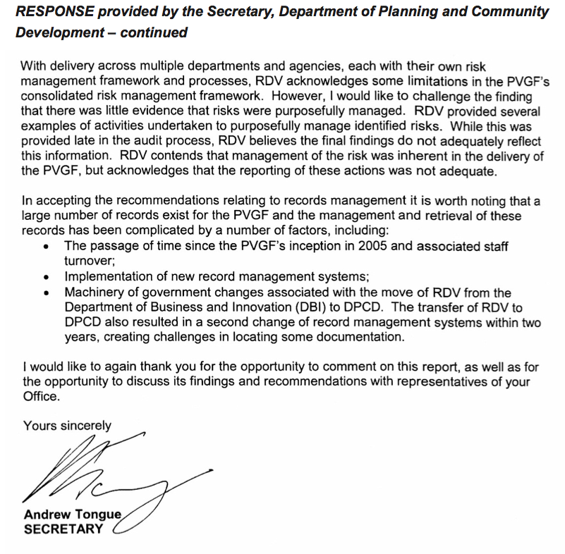 RESPONSE provided by the Secretary, Department of Planning and Community Development – continued