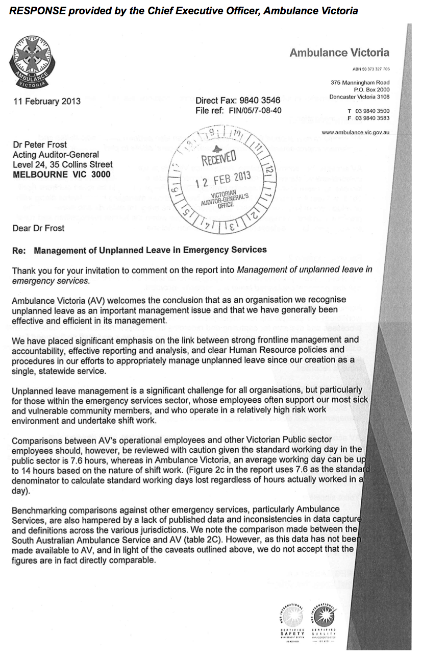 RESPONSE provided by the Chief Executive Officer, Ambulance Victoria