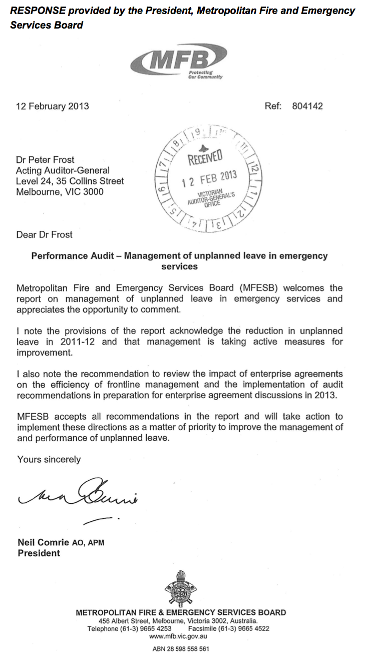 RESPONSE provided by the President, Metropolitan Fire and Emergency Services Board