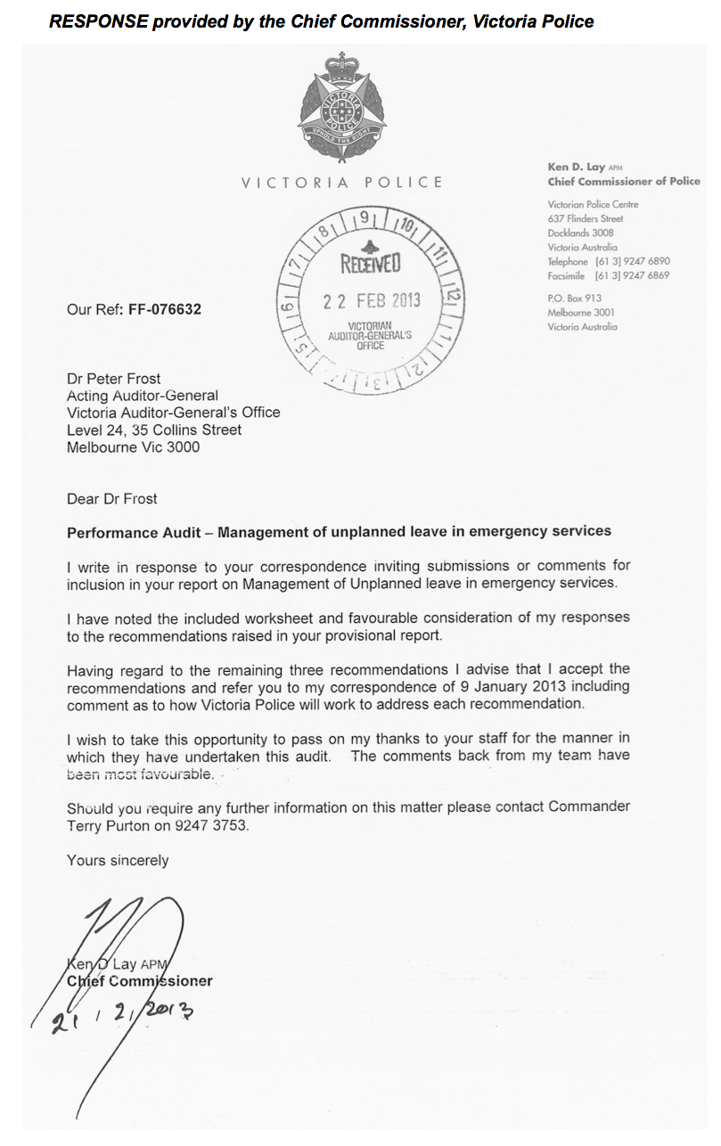 RESPONSE provided by the Chief Commissioner, Victoria Police