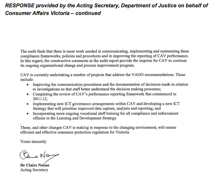 RESPONSE provided by the Acting Secretary, Department of Justice on behalf of Consumer Affairs Victoria – continued