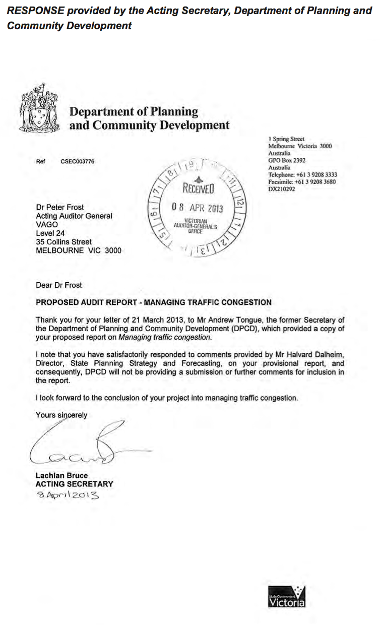 RESPONSE provided by the Acting Secretary, Department of Planning and Community Development