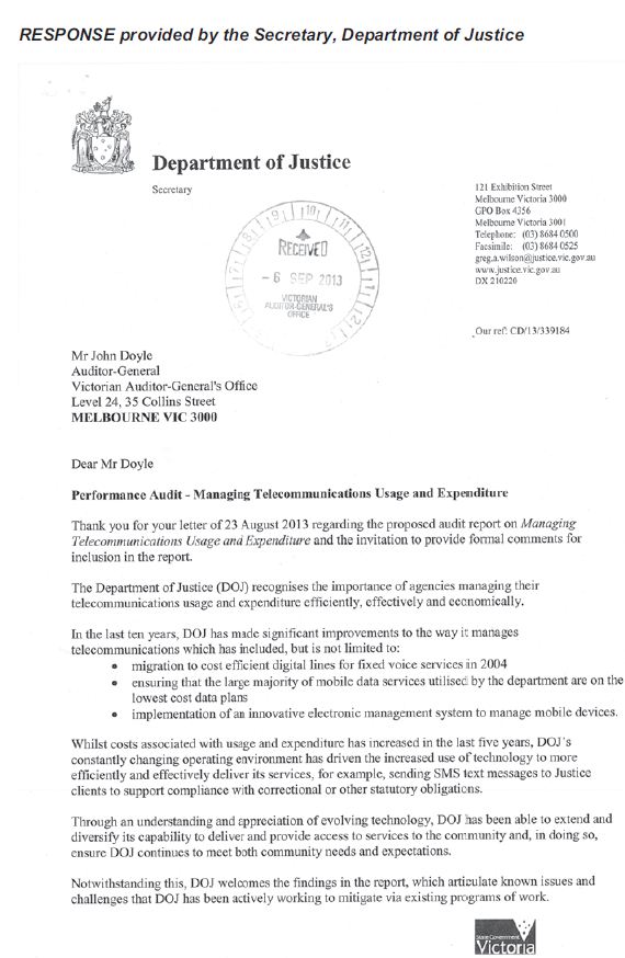 Response provided by the Department
Justice