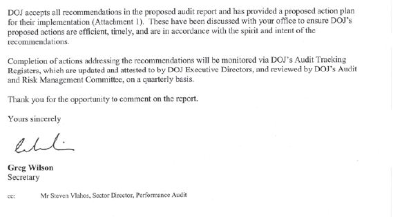 Response provided by the Department
Justice