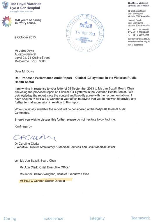 RESPONSE provided by the Executive Director Ambulatory and Medical Services and Chief Medical Officer,

The Royal Victorian Eye and Ear Hospital