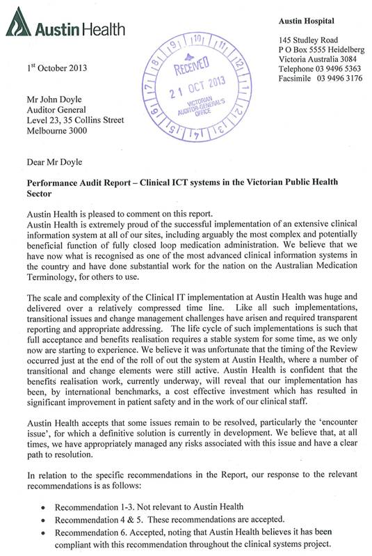 RESPONSE provided by the Board Chair, Austin Health