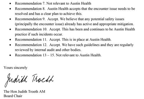 RESPONSE provided by the Board Chair, Austin Health