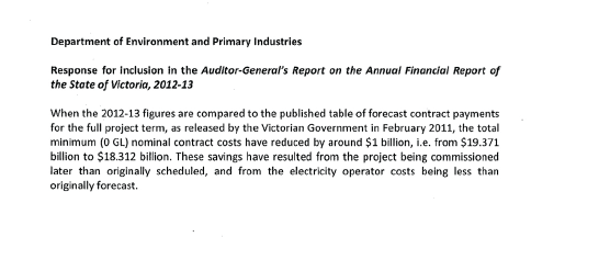 RESPONSE provided by the Secretary, Department of Environment and Primary Industries