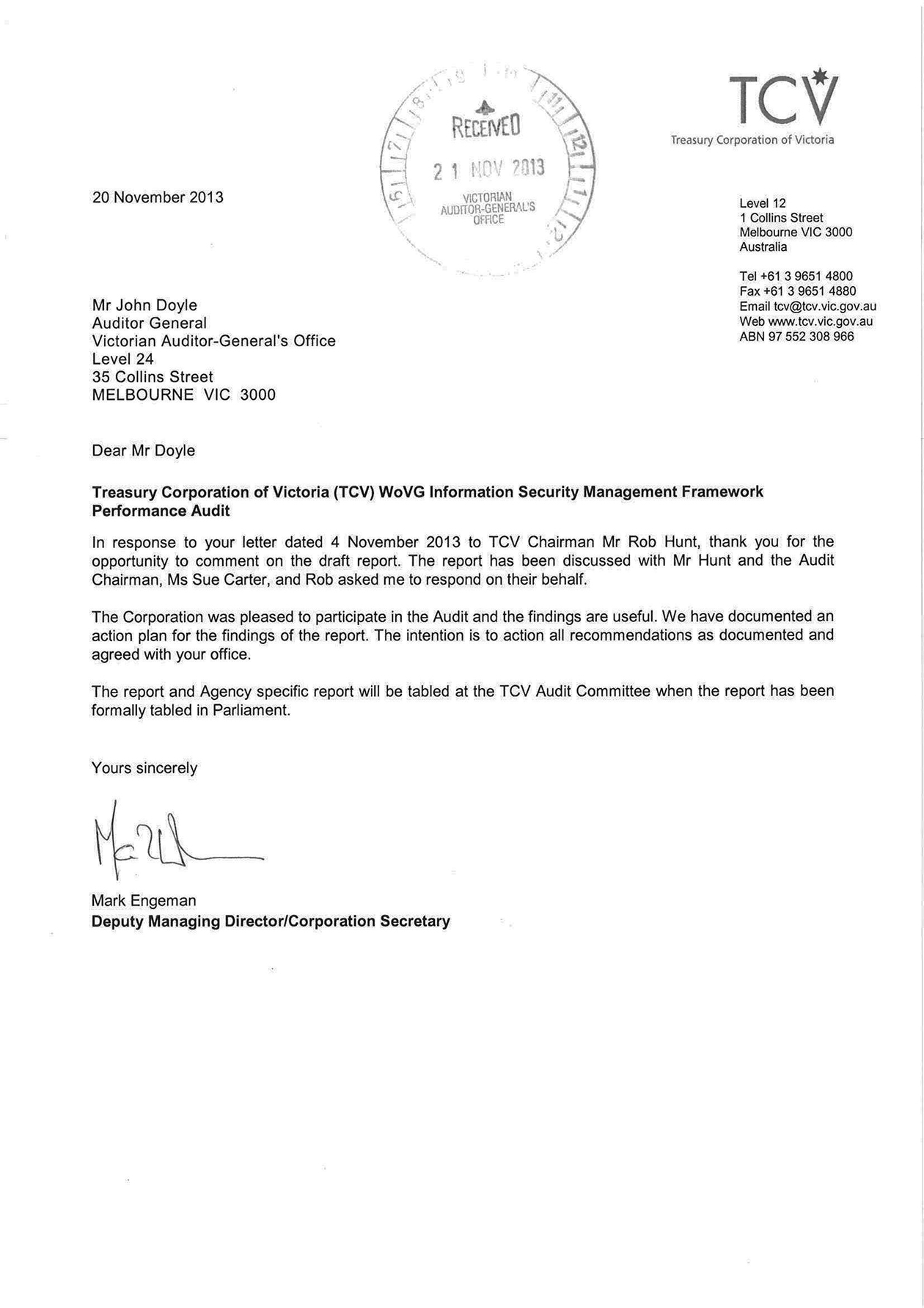 RESPONSE provided by the Deputy Managing Director/Corporation Secretary, Treasury Corporation of Victoria
